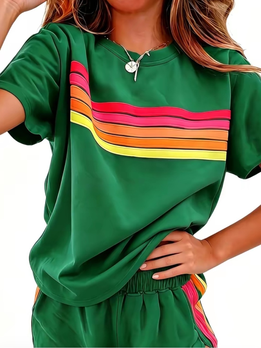 Green Rainbow Stripe Tee & Shorts Set in Green, NWT, size L - Picture 2 of 5
